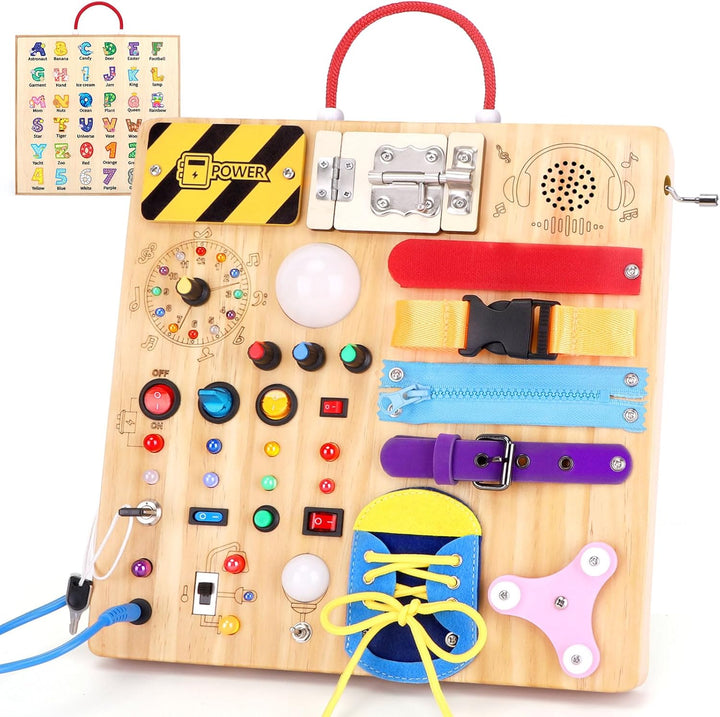 Montessori Wooden Busy Board with 8 LED Light Switches, Sensory Toys Light Switch Travel Toys for 1+ Year Old Baby and Toddler
