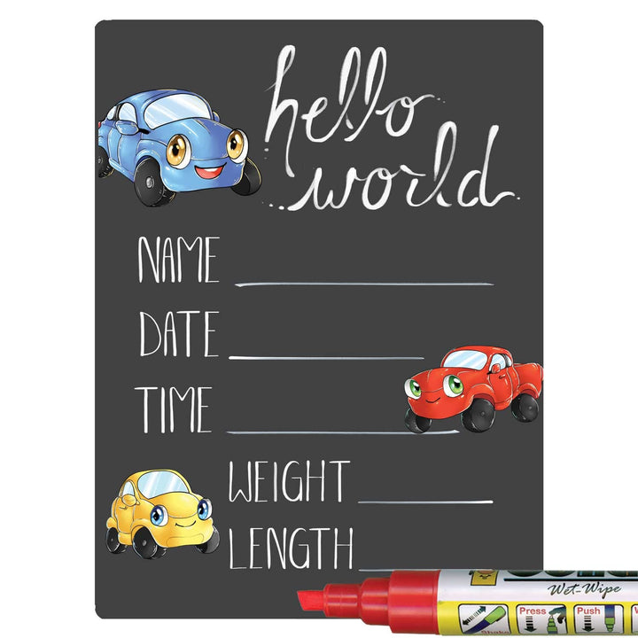 Hello World Newborn Baby Announcement Chalkboard Sign with Automobile Theme, 12 by 16 Inches, No Marker
