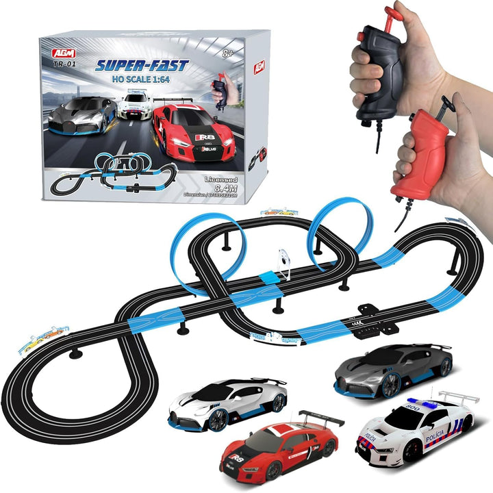 Slot Car Race Track Set, High Speed Series Tram Dual Track Set with 4 Licensed Racing Slot Cars, 2 Hand Controls, Track Parts and Lap Counter, 5.7M Long Track, Black