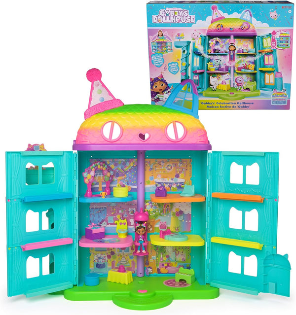 , 14 Pc Celebration Dollhouse, 25-Inches Tall, with Toy Figures, Doll House Furniture & 10 Sounds, Kids Toys for Girls & Boys Ages 3+