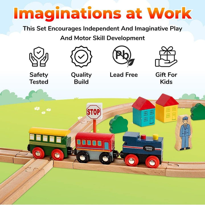 Wooden Train Set 35 Piece All in One Wooden Toy Train Tracks Set with Magnetic Trains and Railway Accessories, Comes in a Clear Container, Compatible with All Major Brands