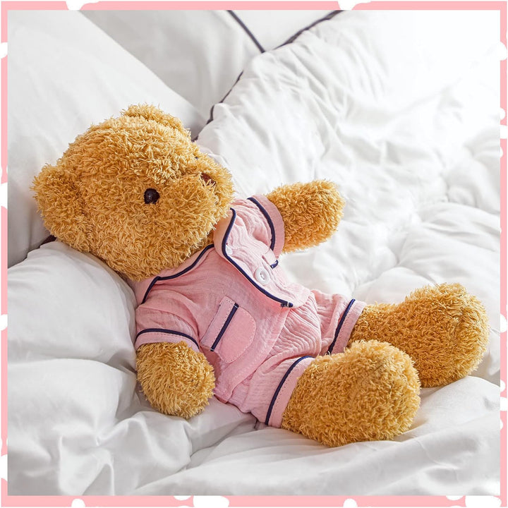 2 Sets Bear Clothes Stuffed Animal Accessories Pink and Blue Bear Pajamas Clothes Double Layer Muslin Short Sleeve Top and Bottom Pajamas Fits Most 14-18 Inch