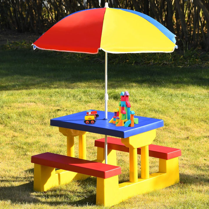 Kids Picnic Table, Indoor & Outdoor Table and Bench with Removable Umbrella, Portable Toddler Picnic Table and Chair Set for Garden, Backyard, Patio