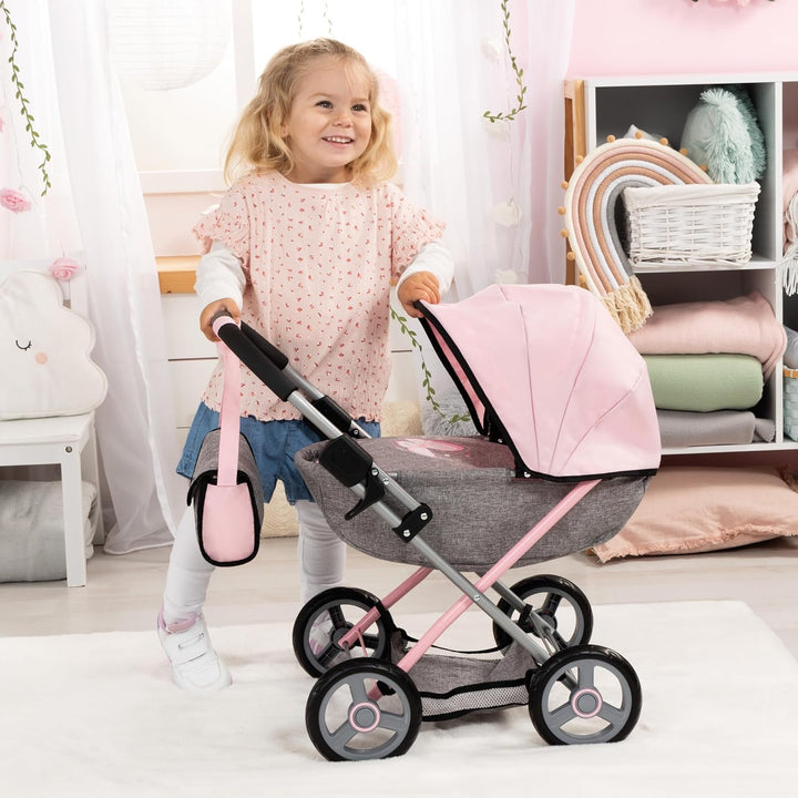 : 4-In-1 Toy Baby Doll Pram Stroller Cosy Set - Dolls up to 18" (Pink/Grey) | Baby Dolls | Pretend | Dress up | Accessory