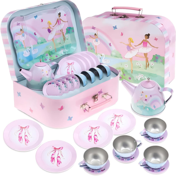 Tea Party Set - 15-Piece Toddler Tea Set with Unicorn Design for Kids - Includes Teapot, Cups, Saucers, Plates and Carrying Case for Imaginative Play and Storage