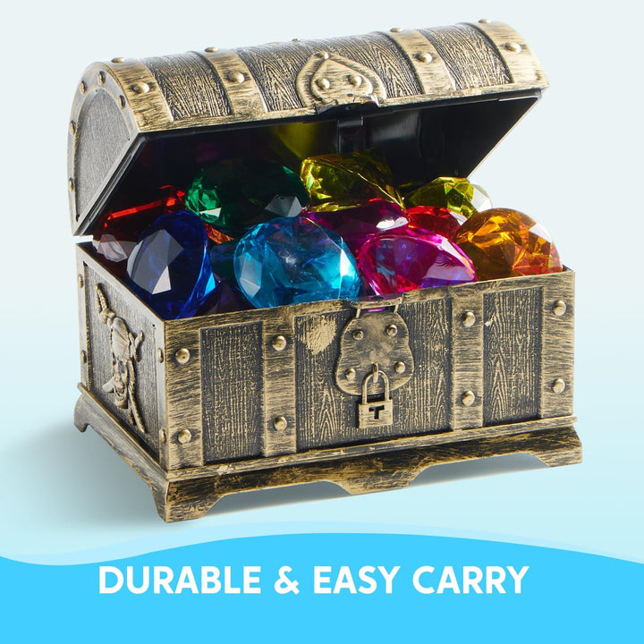 Diving Gems Pool Toys, 16 Big Colorful Diamond with Pirate Treasure Chest,Swim Dive Toy for Kids Underwater Gemstone Swimming Training Gift Water Pool Games(Gold)