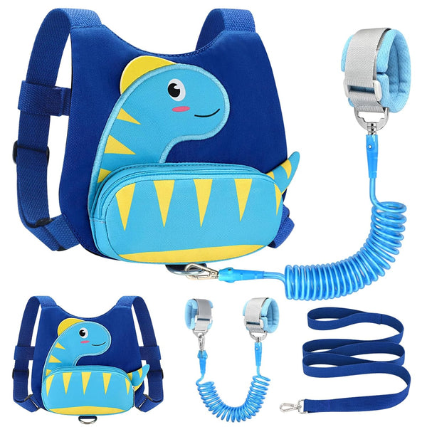 Toddler Harness with Leash, Cute Dinosaur Kids Harness + anti Lost Wrist Link, Mini Child Harness Leash Wristband Strap Belt Protector for Baby Boys Girls to Outdoor Travel (Blue)