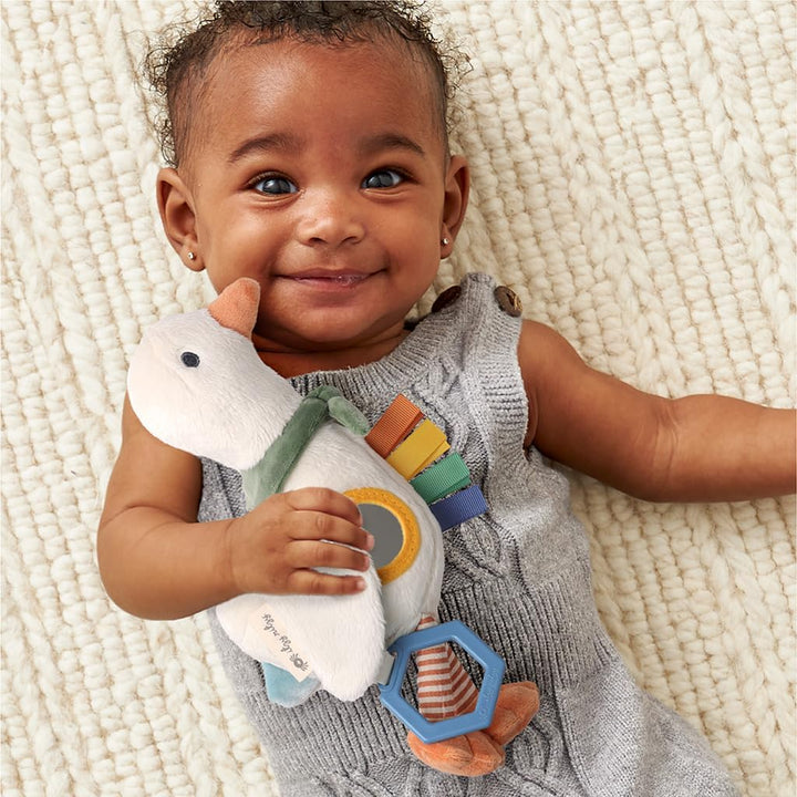 Bitzy Traveler Car Seat & Stroller Toy for Babies – Developmental Sensory Toy Features Crinkle & Rattle Sounds & Multiple Textures – Hanging Travel Buddy for On-The-Go Entertainment (Goose)