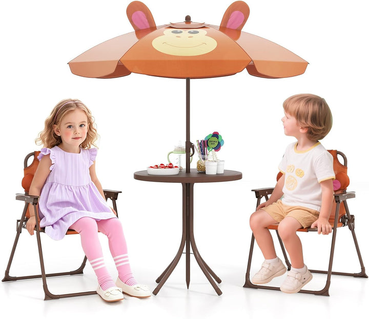 Kids Picnic Table, Animal Themed Toddler Outdoor Table and Chair Set, 2 Folding Chairs & Removable Umbrella, Children Outdoor Furniture for Backyard Patio Garden (Pink Mermaid)
