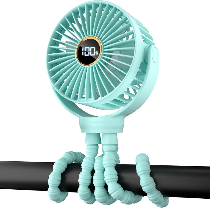 Portable Stroller Mini Fan, Small Rechargeable Personal Fan, Baby Travel Essentials for Wagon, Car Seat, Treadmill, Battery Powered Biking Gear Accessories, 360° Rotation, 3-Speed, Display, Black