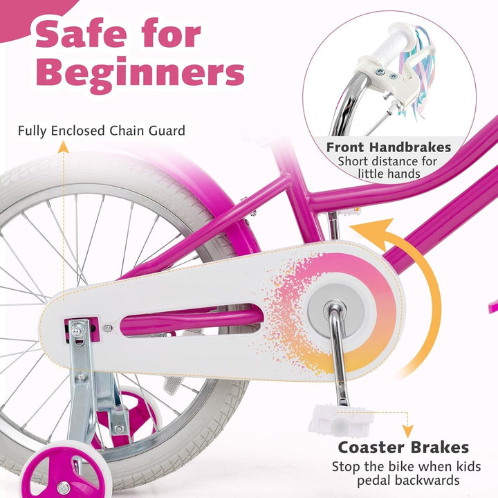 Kids Bike, 12 14 16 18 Inch Girls Bike W/Training Wheels, Doll Seat, Streamers, Handbrake & Coaster Brake, Fully Enclosed Chain, Princess Style Children Bicycle, Gift for Girls 3-8