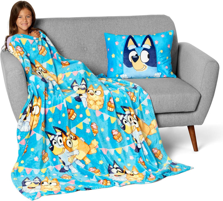 Bluey Party Pups Silk Touch Throw Blanket 50 X 60 Inches with Bluey Plush Pocket Pillow 14 X 20 Inches - Comfy & Cozy Bluey Blanket & Pillow Set for Boys and Girls