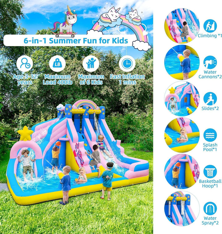 Inflatable Water Slide: 6 in 1 Bounce House Water Park for Kids - Climbing Wall Splash Pool 2 Water Cannon 2 Slide Basketball Rim - 550W Blower - for Outdoor Backyard Birthday Party