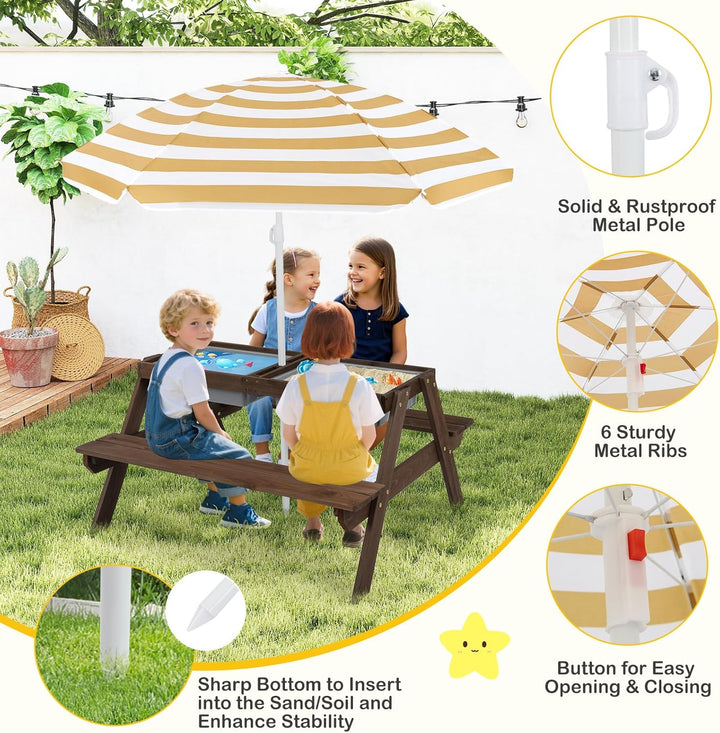 Kids Picnic Table, 4 in 1 Sand and Water Tables W/Detachable Tabletop, 2 Removable Play Boxes, Foldable & Height Adjustable Umbrella, Wood Sensory Table and Bench for Outdoors, Indoors (Brown)