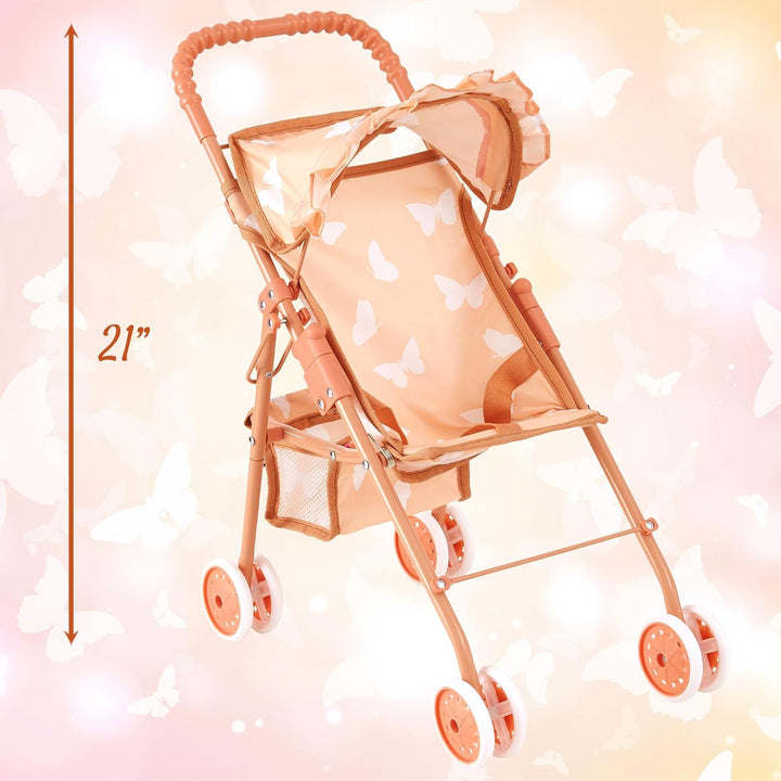 My First Baby Doll Stroller for Toddlers 3 Year Old Girls, Little Kids | Folding Baby Stroller for Dolls, Toy Stroller for Baby Dolls with Bottom Storage Basket, Foldable Frame, Canopy, Seatbelt