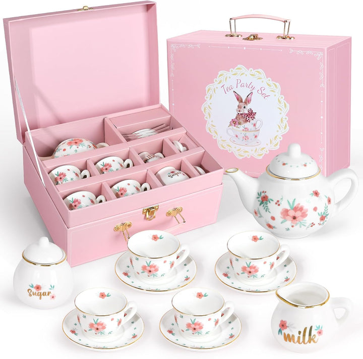 Tea Party Set for Little Girls, 49PCS Princess Tea Time Toys Including Tea Set Dessert Carrying Case, Kids Kitchen Pretend Playset, Tea Set for Girls Birthday Toddler Age 3-8, Pink