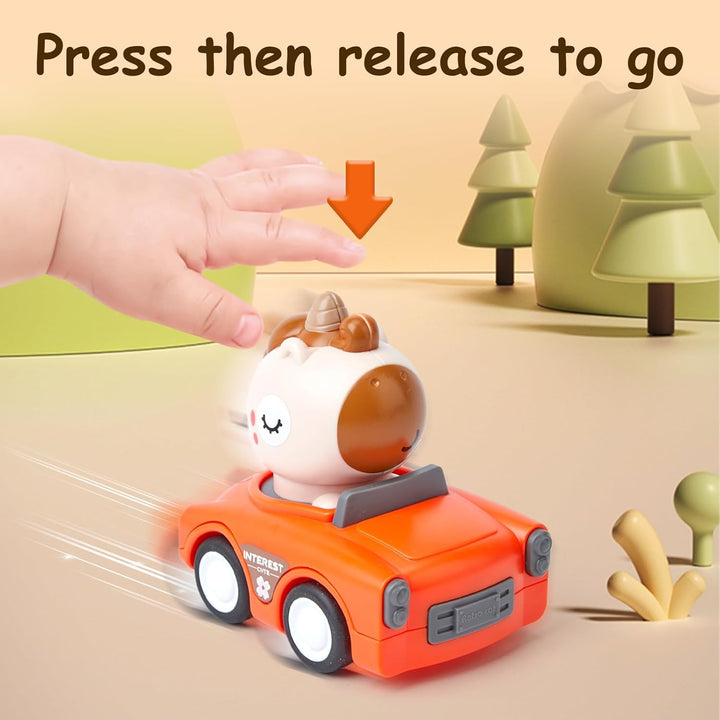 Wind up Press Cars, Four Unicorn Play Figure Racing Cars Set for Toddlers Baby Boys Girls,Animal Vehicle Toys, Press Then Go