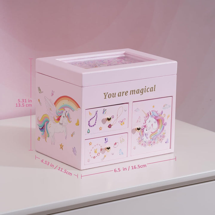 Wooden Jewelry Box with Unicorn for Girls, Musical Children'S Jewelry Organizer, Gift for Toddler Age 2 3 4 5 6 7 8 9 on Birthday -Pink
