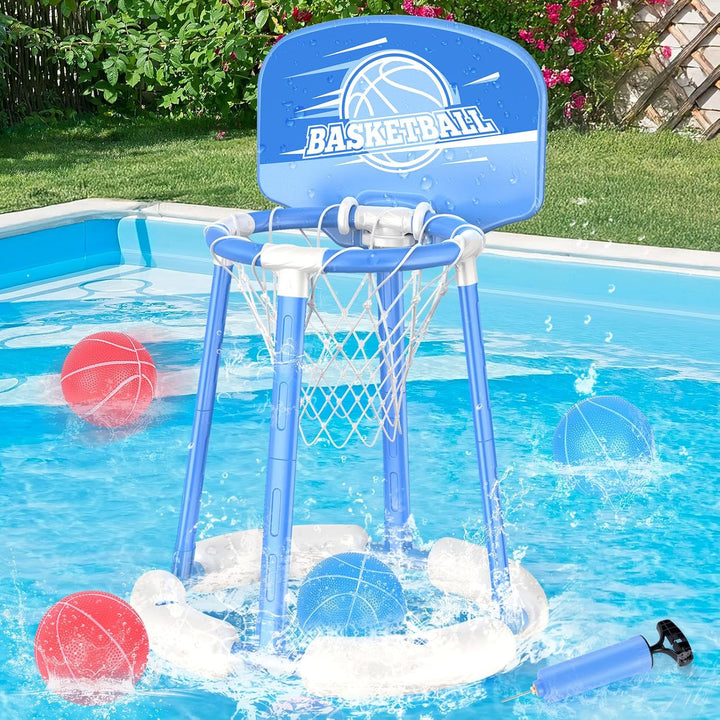 Pool Basketball Hoop Poolside, Floating Pool Toys with 4 Basketballs/Pump, Swimming Pool Games for Kids Ages 4-8 8-12 & Adults Indoor Outdoor Play