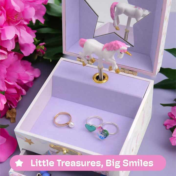 Enchanting Unicorn Musical Jewelry Box for Girls - Sparkling Rainbow Design Music Box with 2 Pullout Drawers to Store Earrings, Necklace and Bracelets - Plays the Beautiful Dreamer Tune
