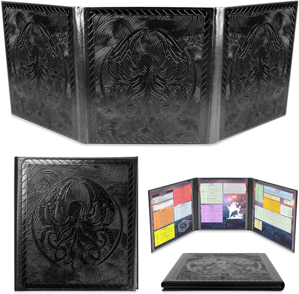 DM Screen – 3-Panel Travel-Ready Dungeon Master Screen with Transparent Pockets, PU Leather GM Screen, Wet-Erase Compatible, Compact Size for Portable Tabletop RPG Campaigns