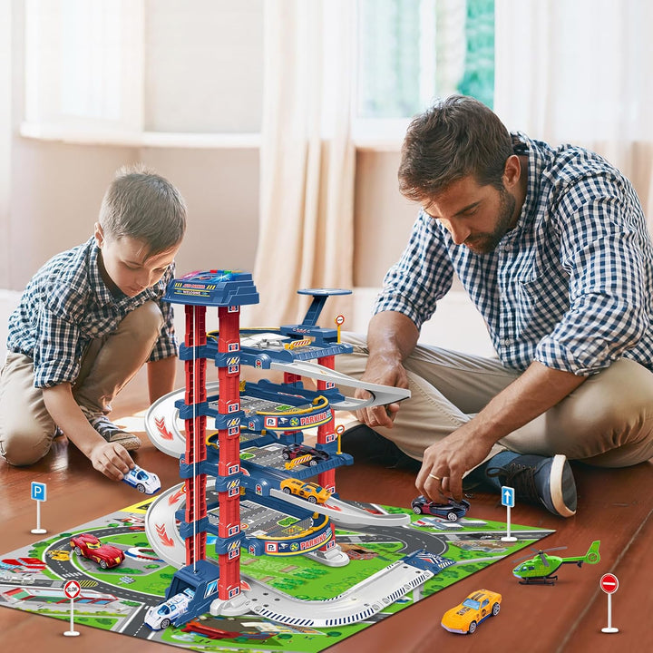 City Ultimate Garage Track Set with Electric Elevator, Upgrade 5 Levels Toy Car Garage with 5 Die-Cast Toy Cars & 1 Helicopter