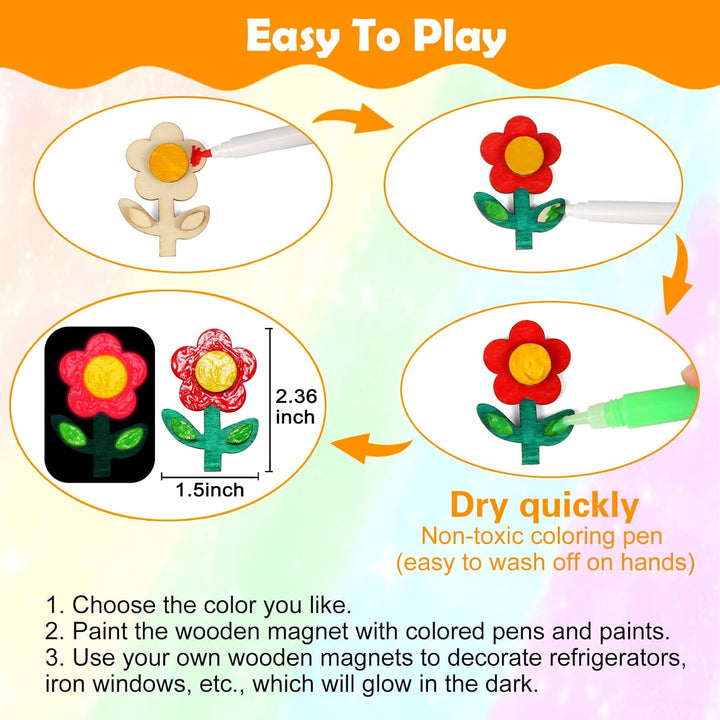 48 Pcs DIY Wooden Magnets, Wooden Art Craft Supplies Painting Kit for Kids Ages 4-8 8-12 Glow in the Dark Party Favors Goodie Bag Stuffers Birthday Gifts Toys for Boys Girls