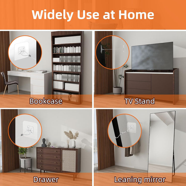 6 Pack Adjustable 42" Metal TV Safety Straps,  No-Drill Adhesive Anti-Tip Furniture Wall Anchors for Baby Proofing, Secure Flat Screens to Wall, Cabinet, Stand or Desk, Dresser, Bookshelf