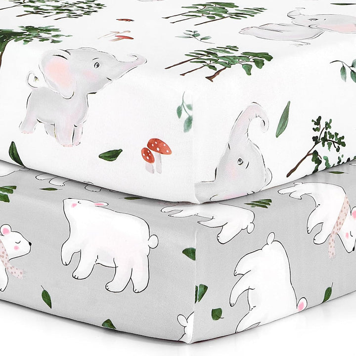 Pack N Play Sheets,  2 Pack Mini Crib Sheets,Stretchy Portable Fitted Playard Sheet Set, Convertible Playard Mattress Cover,Ultra Soft Breathable Material,Elephant Whale