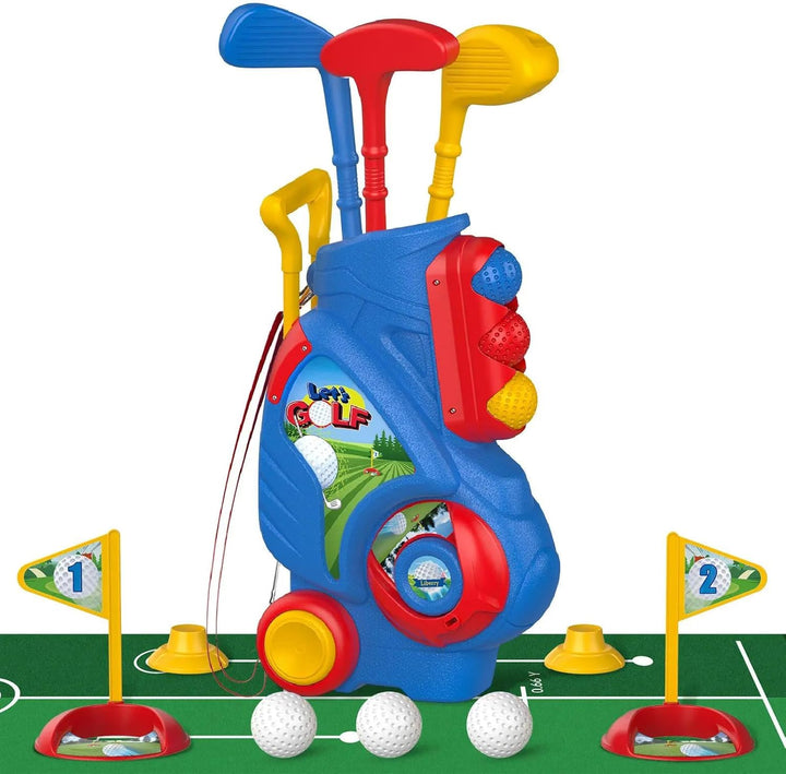 Toddler Golf Set for 2 3 4 5 Years Old Boys Girls, Upgraded Kids Golf Cart with Golf Cornhole Board & Putting Mat, Indoor and Outdoor Golf Toys Birthday Gift