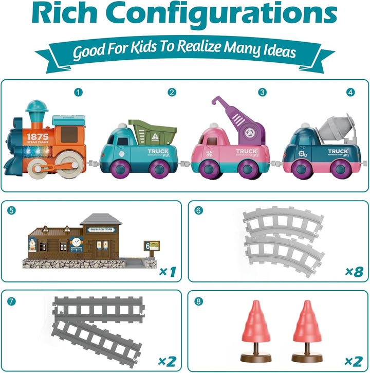 Train Set for Toddlers, Magnetic Train Toys for Toddlers 3+, 4Pcs Trucks Toy Train for Boys and Girls, Birthday Christmas Toy Gifts for 3 4 5 6 7 8 Years Old