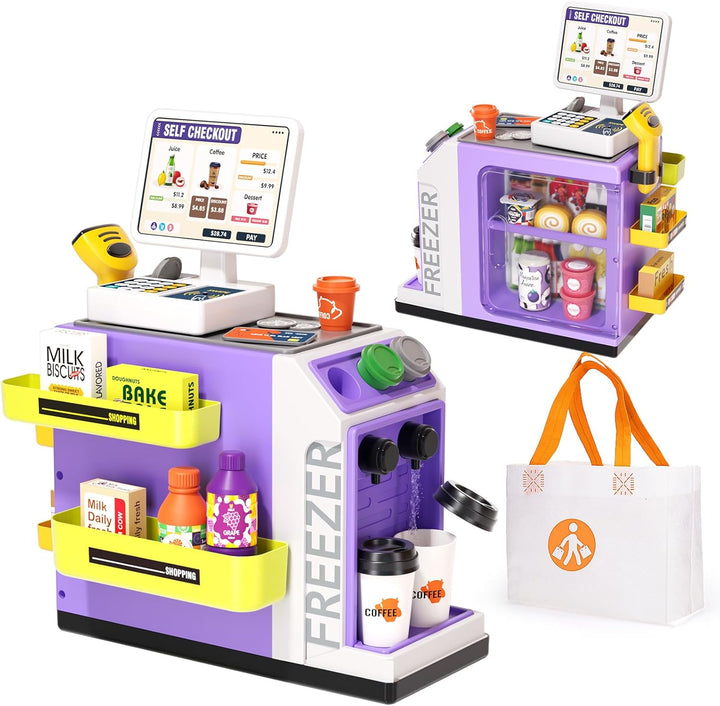 48-Piece Pretend Play Cash Register Toy Set for Kids with Water Outlet Function - Calculator, Shopping Bag, Scanners, Coffee Machine, Play Food - Gift for Boys and Girls Ages 3+（Pink）