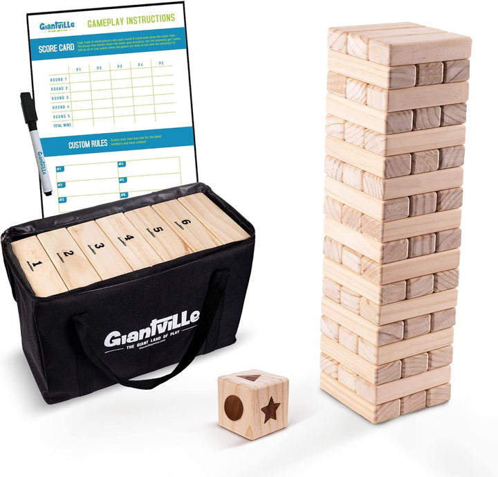 Giant Tumbling Timber Toy - Premium Pine Wood Life-Size Blocks Tower - Big Floor/Board Indoor/Outdoor Yard Game for Kids & Adults - 56-Pieces + Carry/Storage Bag - Grows to over 4-Feet