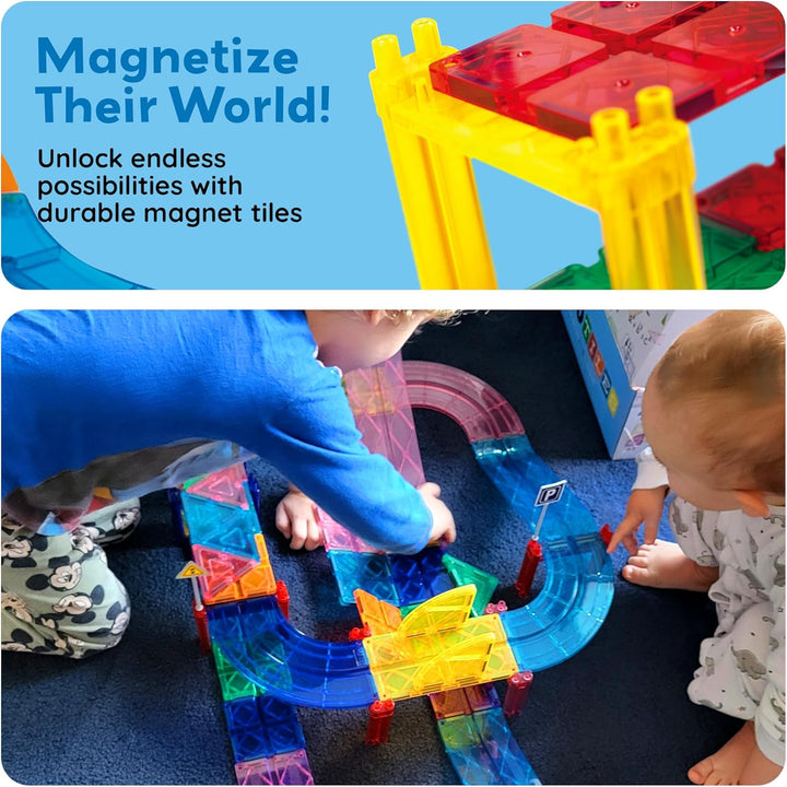Magnetic Tiles Race Track Car Thrilling Toy Playset Includes 2 Racing Trucks STEM Educational Magnet Tile Building Block Construction Set for Toddlers Boys Girls Ages 3 and Older PTR30