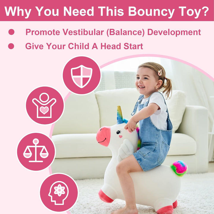 Bouncy Pals Hopping Unicorn Horse, Toddler Girl Inflatable Bouncing Animal Hopper Toy, Outdoor Indoor Plush Ride on Bouncer, Baby Birthday Gift 18 Month 2 3 4 Year Old Kid - Unicorn