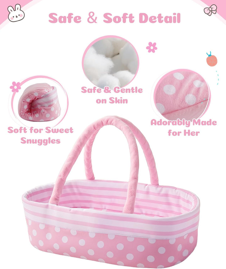 8 Pcs Baby Doll Accessories, Reborn Baby Dolls Clothes with Bassinet for 17-22 Inch Baby Dolls, Outfit Fit Newborn Babies Doll Girl, Babies Pretend Play Set (Not Doll)