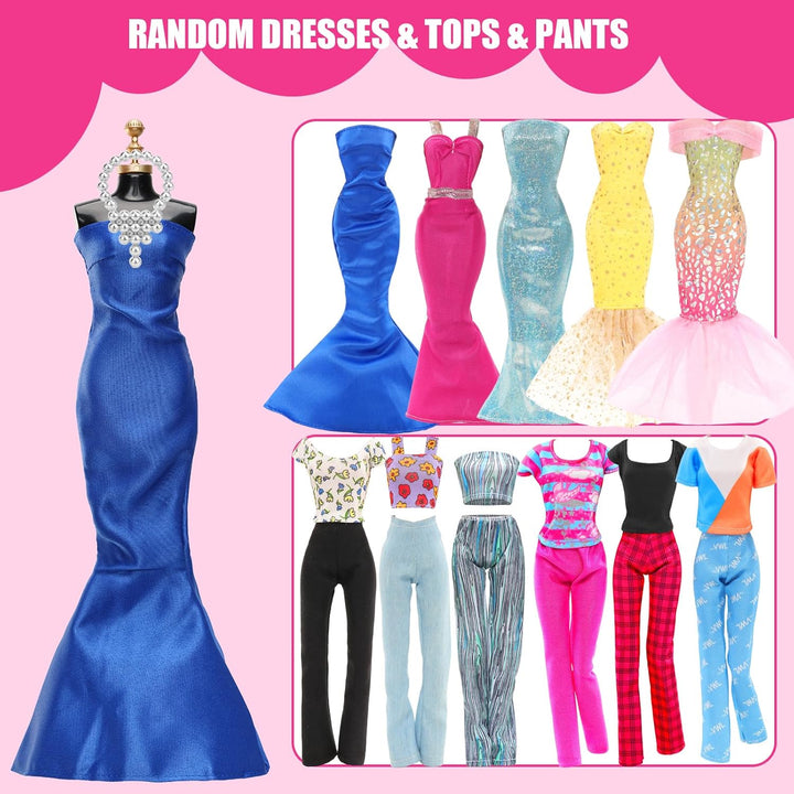 57 PCS Doll Clothes and Accessories 3 Wedding Gowns 3 Tops 3 Pants 3 Fashion Dresses 1 Evening Dresses 2 Swimsuits Bikini 6 Braces Skirt 10 Hangers 15 Shoes and 14 Accessories Toys for 11.5 Inch Doll