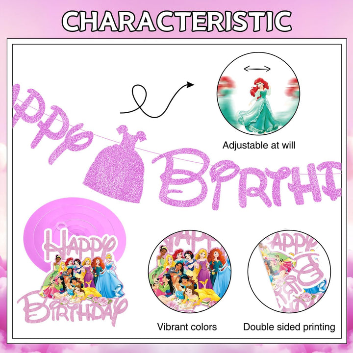 Princess Birthday Party Decorations Include 1Pc Glitter Happy Birthday Banner,1Pc Princess Banner and 14Pcs Cute Hanging Swirls for Girls, Pre-Assembled Party Decorations