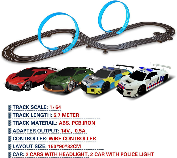 Slot Car Race Track Set, High Speed Series Tram Dual Track Set with 4 Licensed Racing Slot Cars, 2 Hand Controls, Track Parts and Lap Counter, 5.7M Long Track, Black