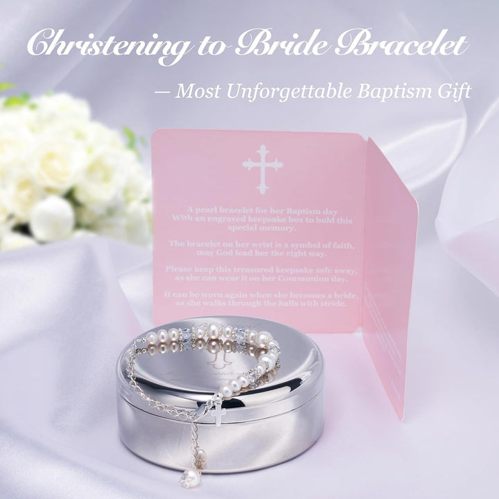 Baptism Bracelet in Sterling Silver and Cultured Pearls for Baby Girls, with Silver-Plated Jewelry Keepsake Box,Great Catholic Christening and Baptism Gifts for Girl