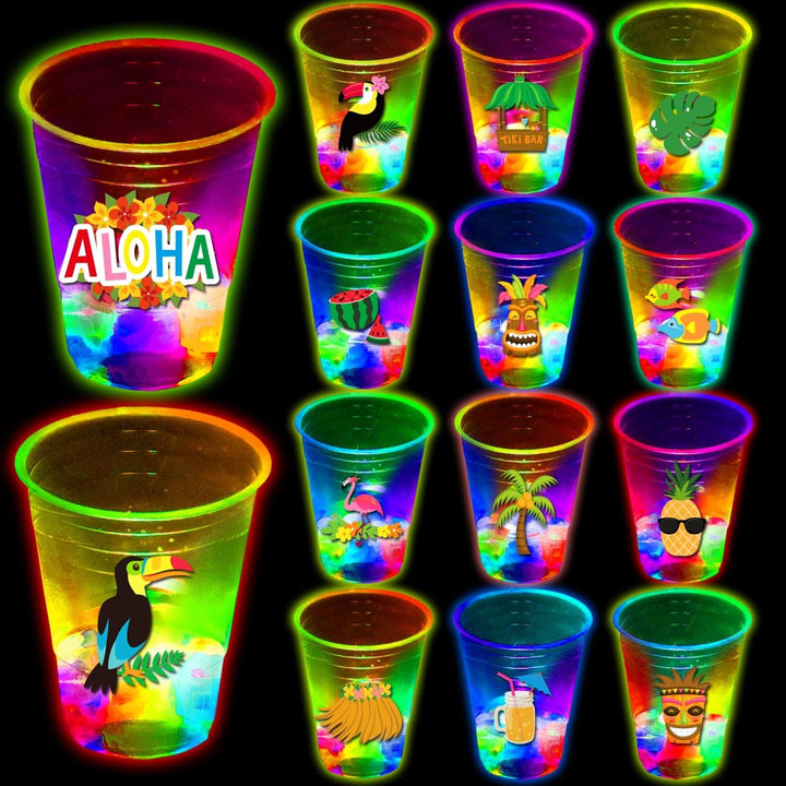 24 Pcs Glow Hawaiian Luau Party Cups, Flashing Tiki Party Cups, Tropical Luau Party Decorations Hawaiian Party Supplies Favor (16Oz)