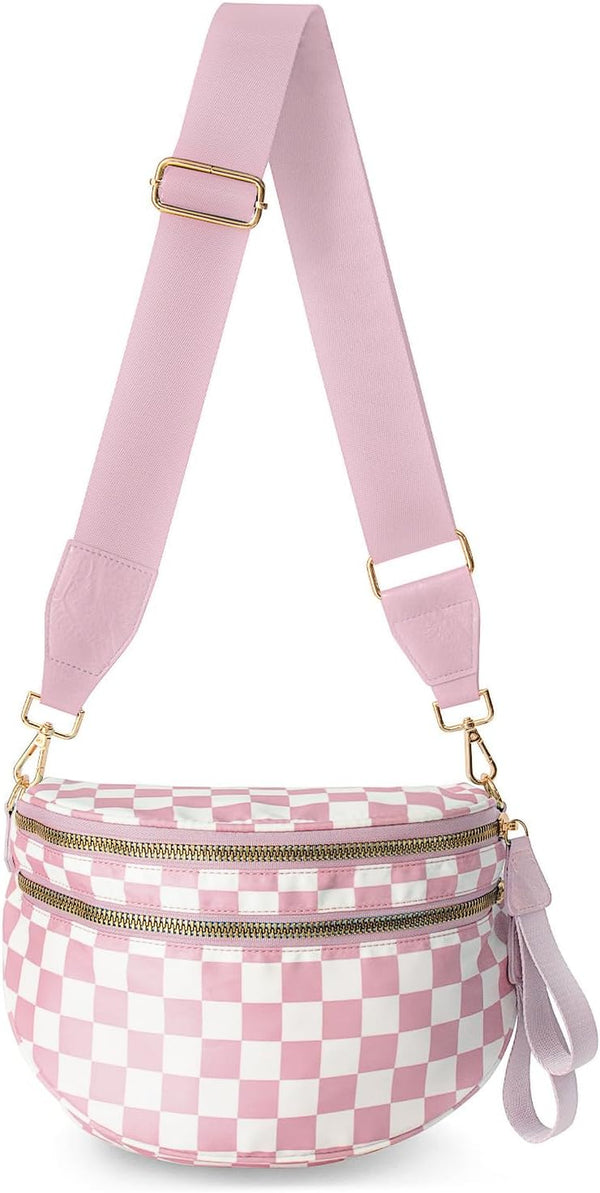 Mommy Bum Bag Crossbody, 2025 Trendy Checkered/Solid Nylon Waterproof Adjust Wide Straps Large Mom Diaper Bag