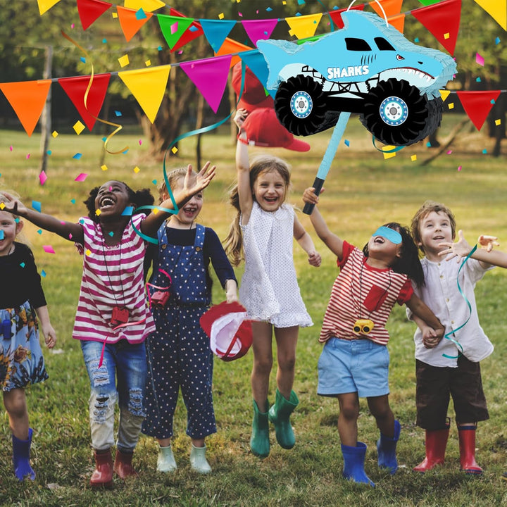 Shark Truck Pinata - Monster Truck Pinata with Blindfold and Bat for Kids Shark Monster Truck Theme Birthday Party Game Decorations (16.7”X10.2”X3”)
