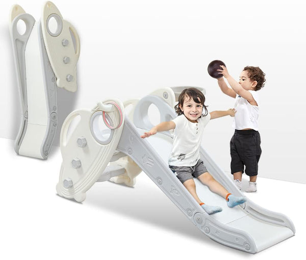 Kids Slide for Toddlers Age 1-3 Indoor Baby Plastic Slide Outdoor Climber Freestanding Playset with Basketball Hoop & Ring Game Grey
