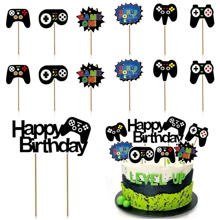Video Game Cake Topper Decorations - Vibrant Glitter Cardboard Gamer Cake Topper, Eye-Catching Design, Firm Installation & Easy Adjusting, Sturdy Plastic Stick - Birthday Decorations for Boys & Girls