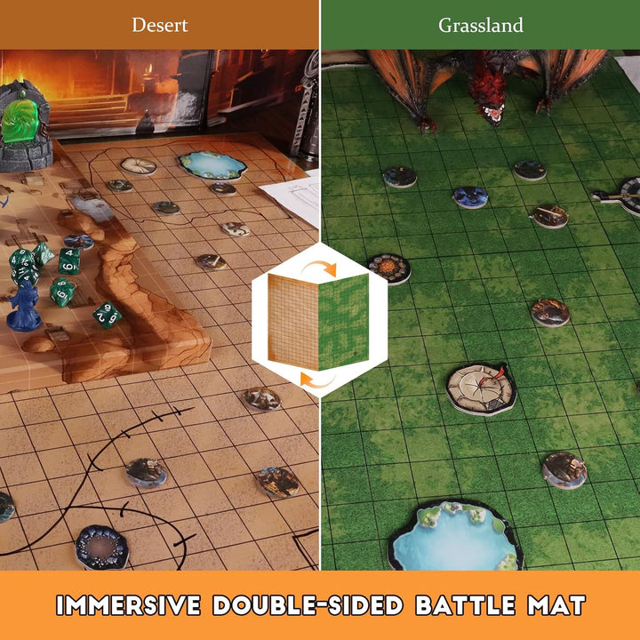 Foldable Battle Mat with DM Screen, Game Tokens, Dice Set, Markers - 2-Sided Wet & Dry Erase Terrain, Ultimate DND Starter Set, Accessories, Gift for Dungeon Master & Player