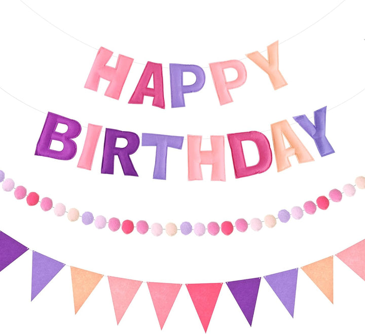 Rainbow 3D Happy Birthday Banner, Felt Garland, Triangle Pennants, Reusable Party Decorations
