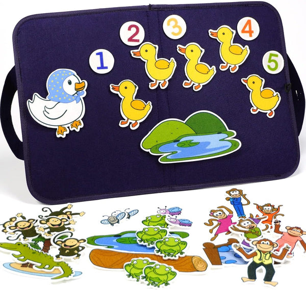 Felt Board for Toddlers, Felt Pieces Storytelling Flannel Board with 5 Little Ducks, 5 Little Monkeys and 5 Green Speckled Frogs Stories for Preschool Activities, 4 Sets