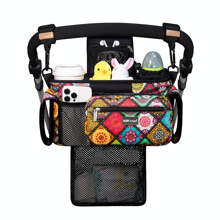 Universal Baby Stroller Organizer, Stroller Caddy with Detachable Mesh Bag & Heightened Insulated Cup Holders & Non-Slip Secure Hooks Accessories, Fits Most Strollers (Checkerboard)
