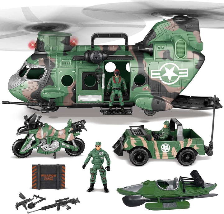 10-In-1 Military Helicopter Toys Set with Light, Sound, Trucks, Boat, Bike, Army Men, Weapons - Christmas Birthday Party Gifts for Kids